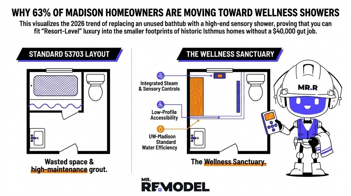 An infographic comparing a traditional Madison Isthmus bathtub layout to a modern 2026 wellness shower conversion, highlighting space-saving designs and high-efficiency spa features.
